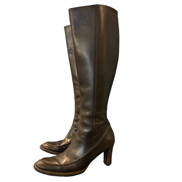 Ralph Lauren Blue Label Italian Leather Heeled Tall Zipper Boots Sz 7 Brown - Picture 1 of 16
